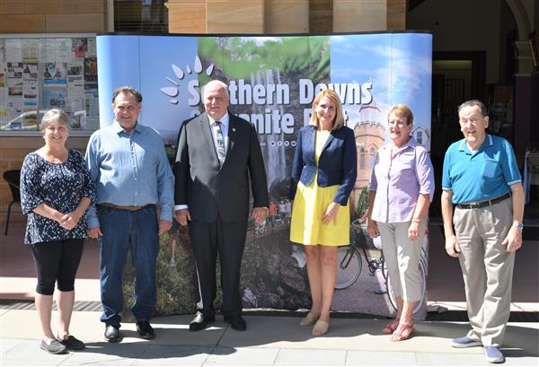 Sue and Tony Hoopmann (Adjinbilly Rainforest Retreat), Southern Downs Mayor Vic Pennisi, podcast creator Sally Eeles, Fran Hockings (Warwick Visitor Information Centre) and Lindsay Mills (Southern Downs Steam Railway)