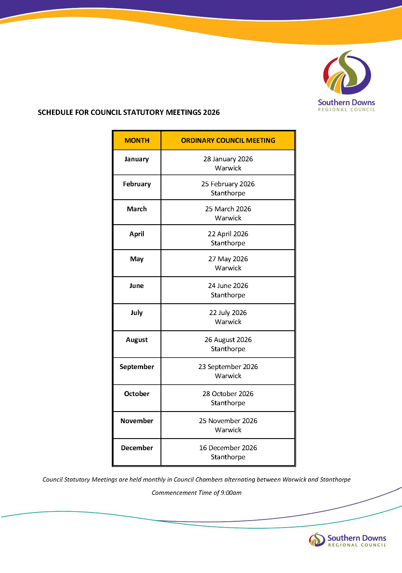 Calendar for Council Statutory Meetings 2026